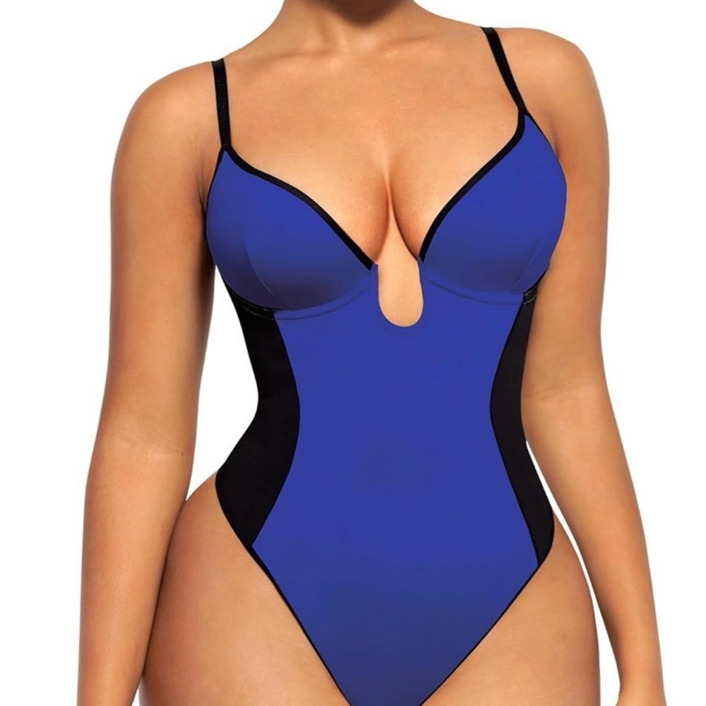 Shapellx Blue & Black One-Piece Plunge bodysuit